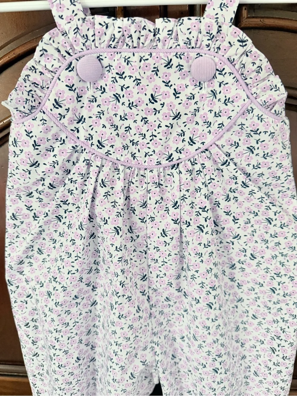 Shrimp & Grits Kids 12M Pink Floral Ruffle Bubble Romper Overalls